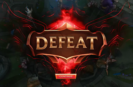 Red glowing defeat screen from video game with ornate banner and continue button