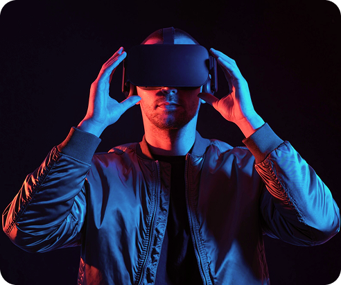 Man wearing VR headset with blue and red lighting, representing cognitive focus and brain enhancement technology