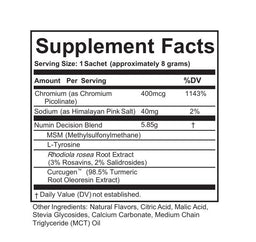 Numin supplement facts label showing chromium, sodium, MSM, L-Tyrosine, Rhodiola rosea and Curcumin ingredients