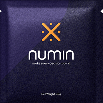 Numin supplement package with orange X logo and tagline make every decision count on dark purple background