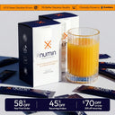 Numin brain fog supplement boxes with orange drink in glass and discount offer showing 58% off first order