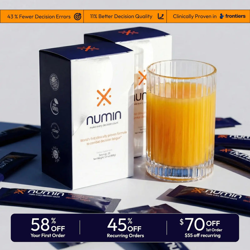 Numin brain fog supplement boxes with orange drink in glass and discount offer showing 58% off first order