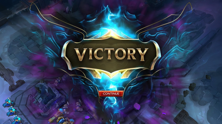 Victory screen with ornate golden banner displaying 'VICTORY' text over mystical blue and purple background