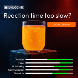 Orange drink in glass with progress bars showing cognitive improvements in decisions, focus, multitasking