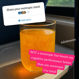Glass of orange Numin drink with social media overlay claiming it boosts cognitive performance better than nootropics