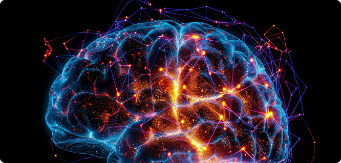 Digital brain illustration with glowing neural networks and interconnected pathways in blue and orange light